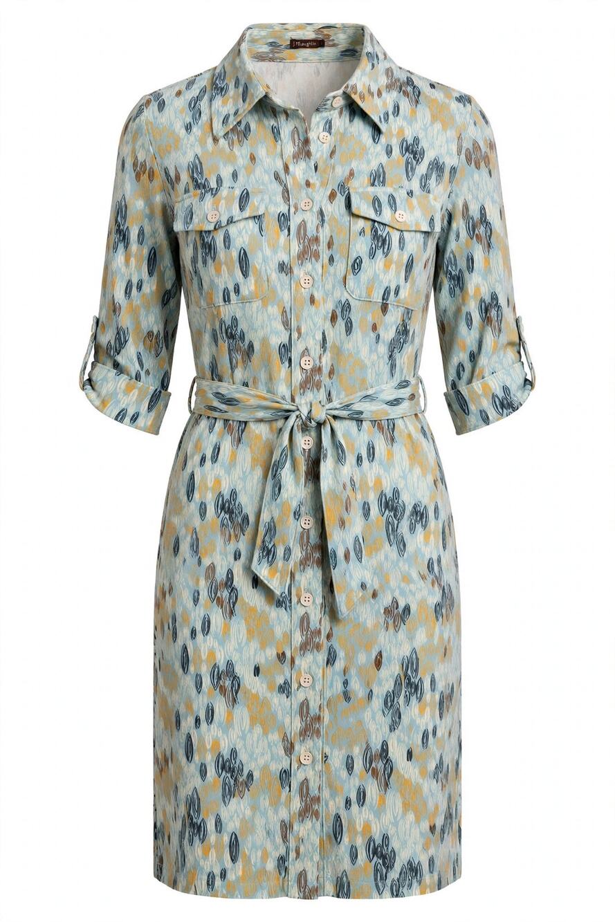 J.McLaughlin Pop Feather Print Belted Shirt Dress Catalina Cloth Blue S